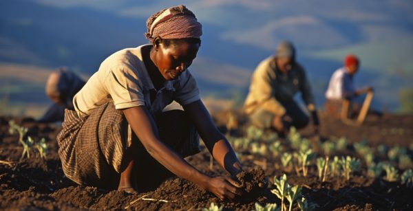 Women tending crops on African agricultural land