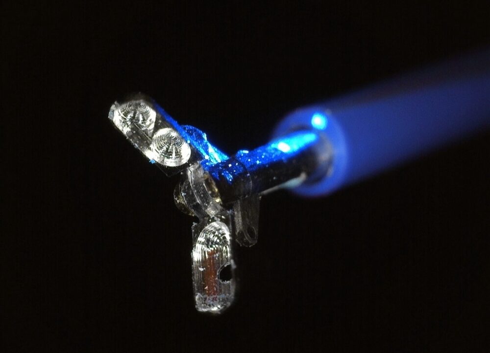 One millimetre diameter biopsy forceps protruding from the Prothea micro endoscope CREDIT Prothea Technologies