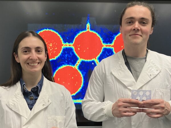 Dr Adriana Tavares and Liam Carr with the body on chip device