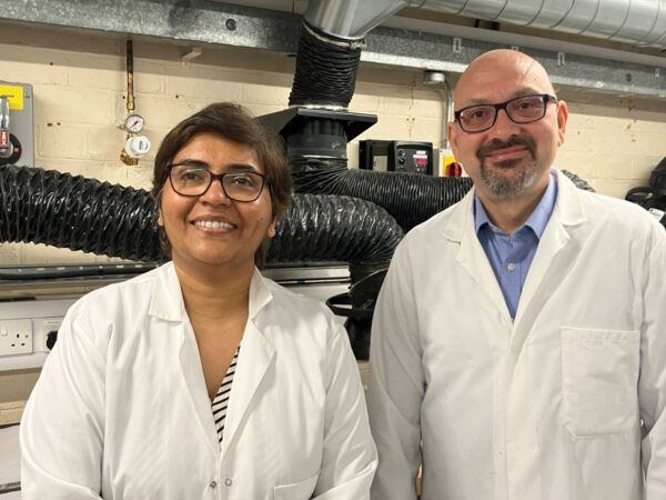 Dr Dipa Roy left and Professor Vasileios Koutsos in the materials lab at Uo E
